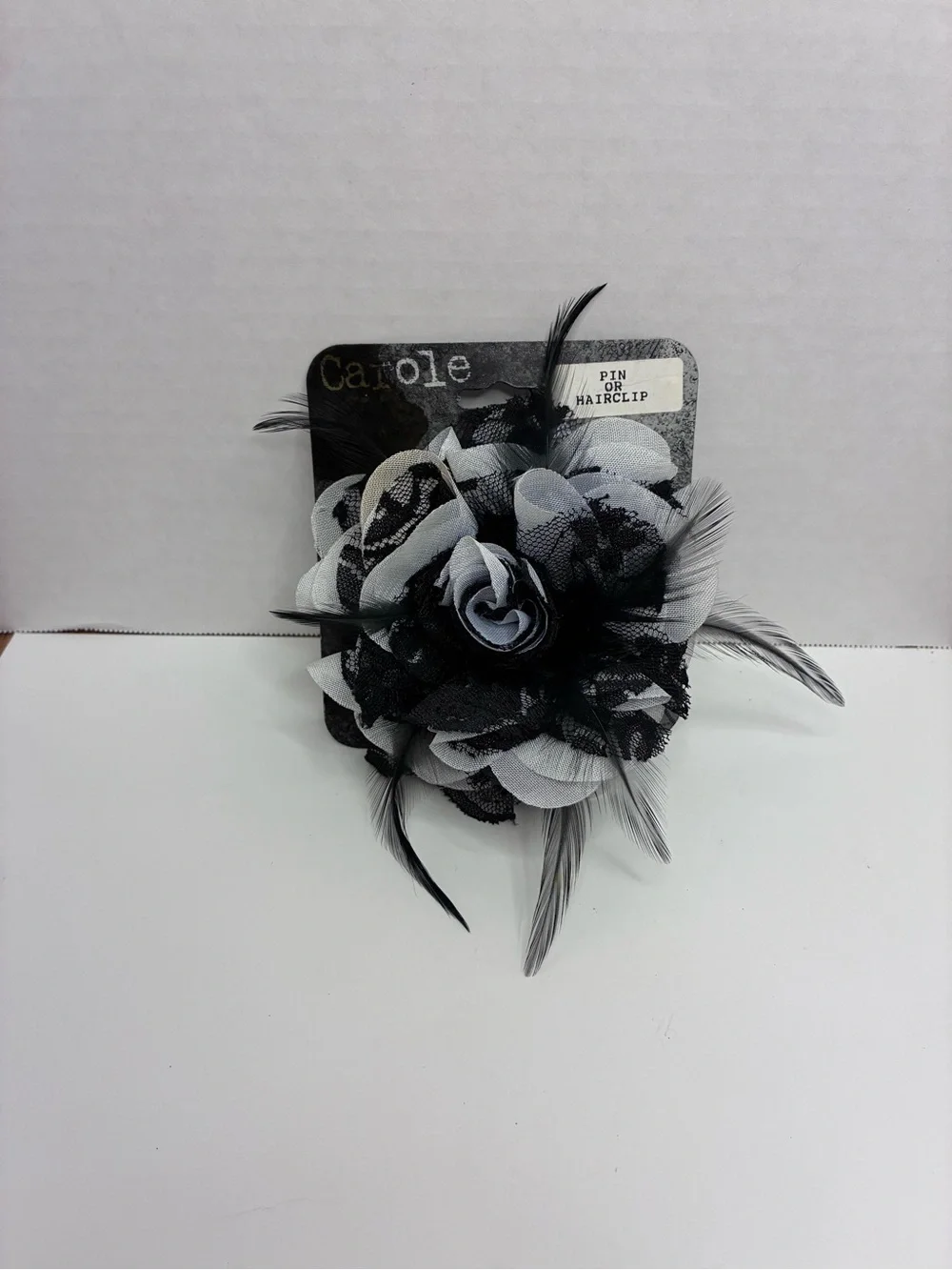 Carole Black And White Floral Feather Brooch And Hair Clip Gothic Emo Style